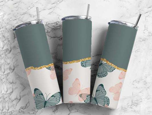 Split Gold Design- Gray/Green Butterfly Stainless Steel Tumbler