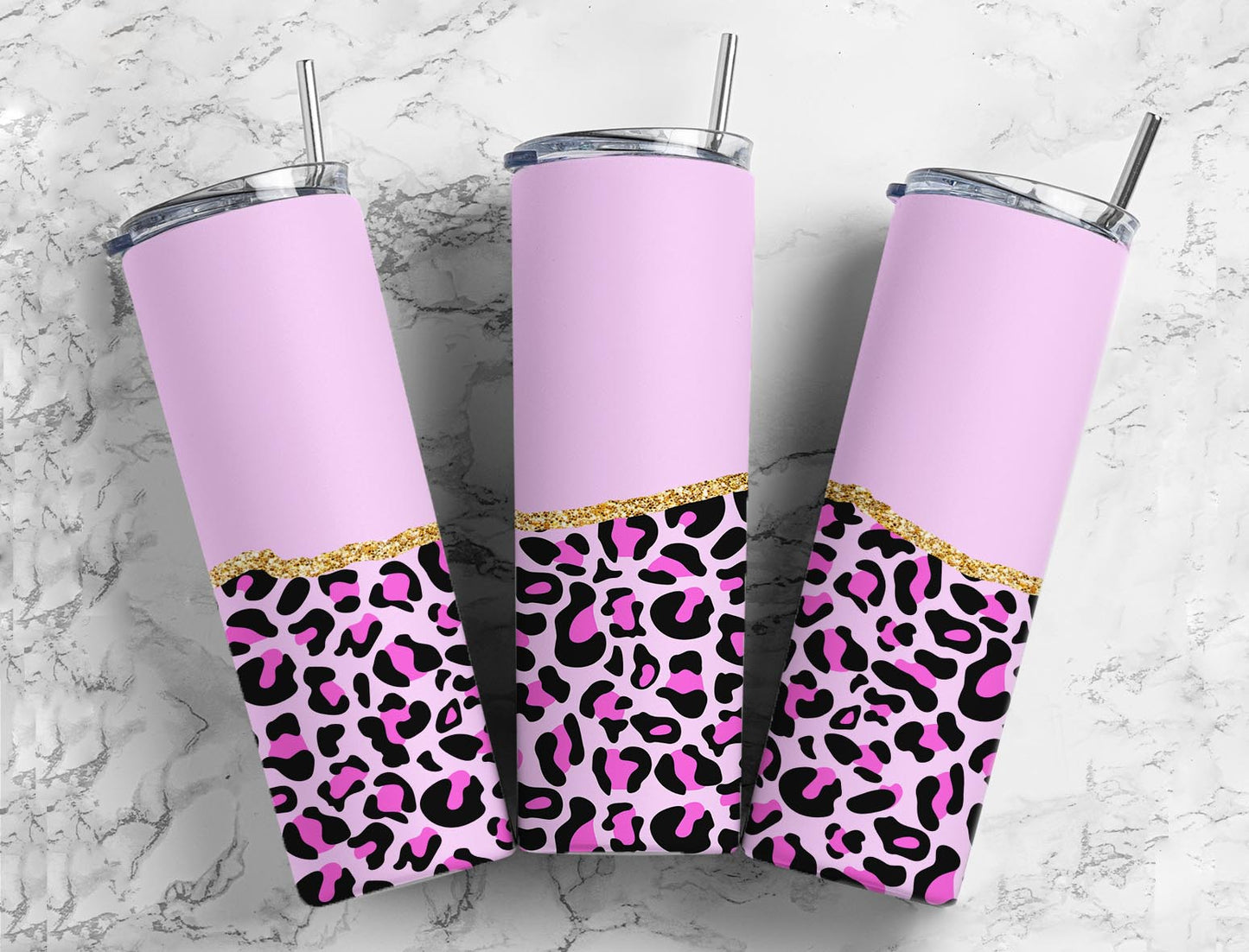 Split Gold Design- Lilac Cheetah Print Stainless Steel Tumbler