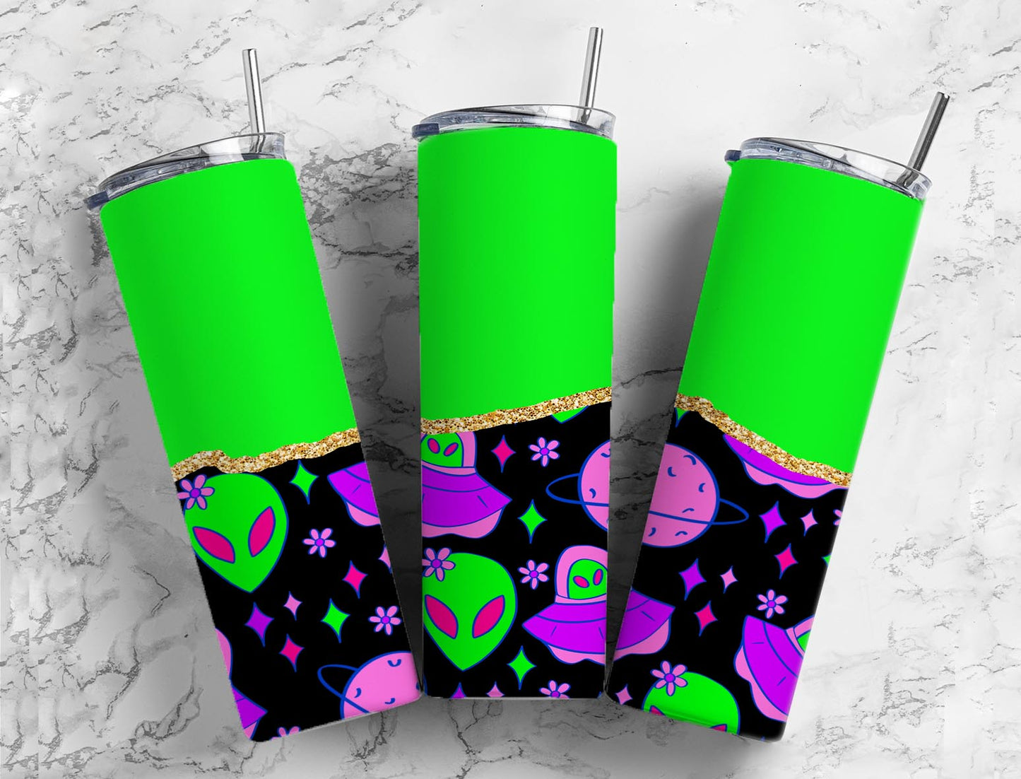 Split Gold Design- Lime Green Alien Stainless Steel Tumbler