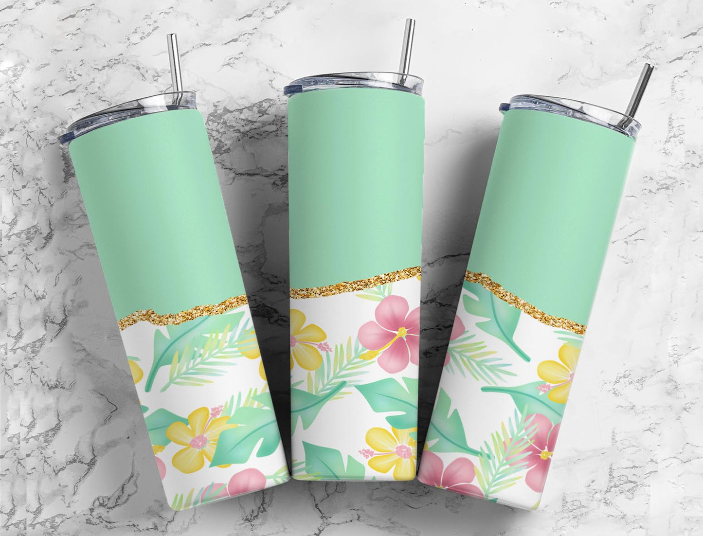 Split Gold Design- Mint Green Tropical Flowers Stainless Steel Tumbler