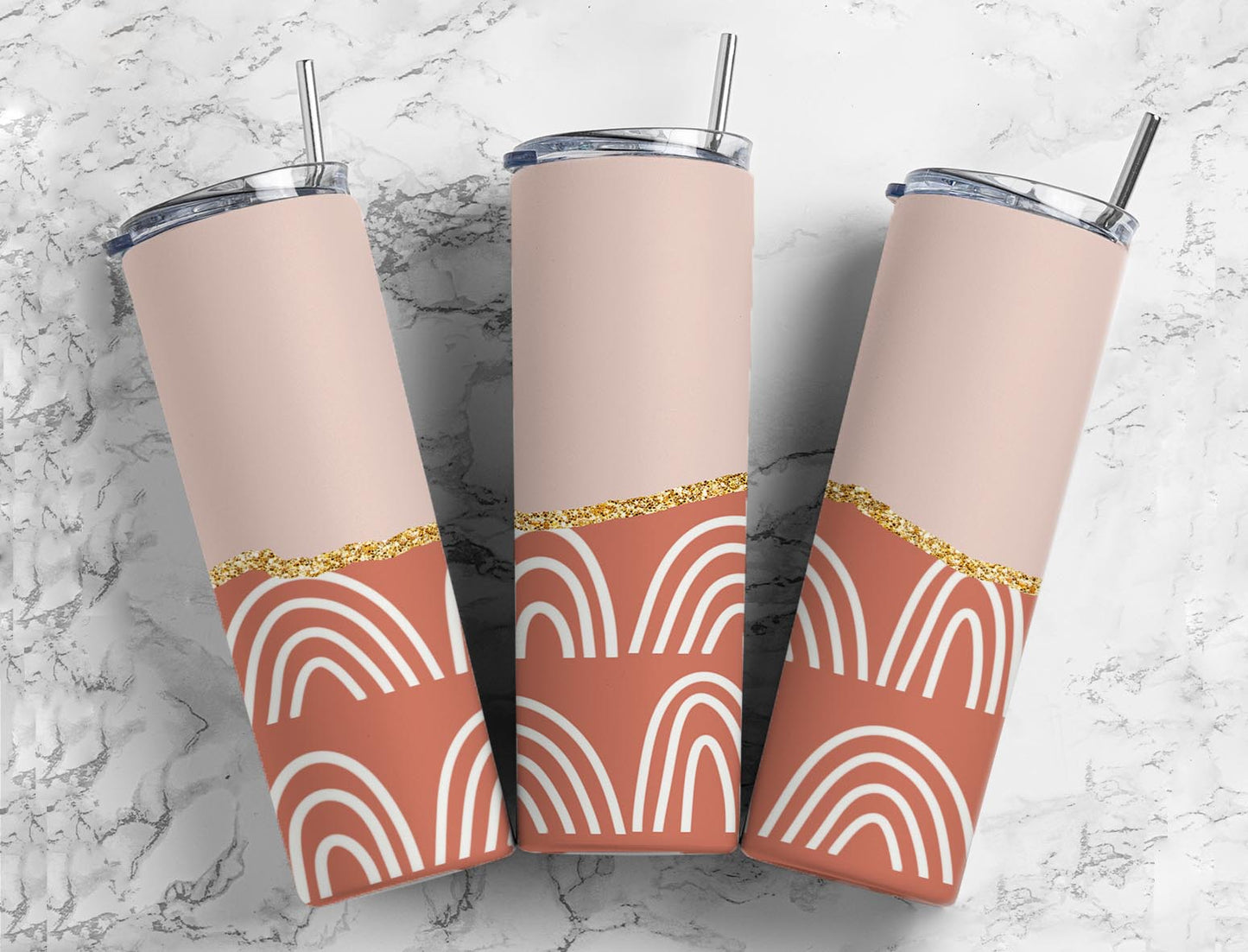 Split Gold Beige & Orange Boho Rainbow Stainless Steel Tumbler