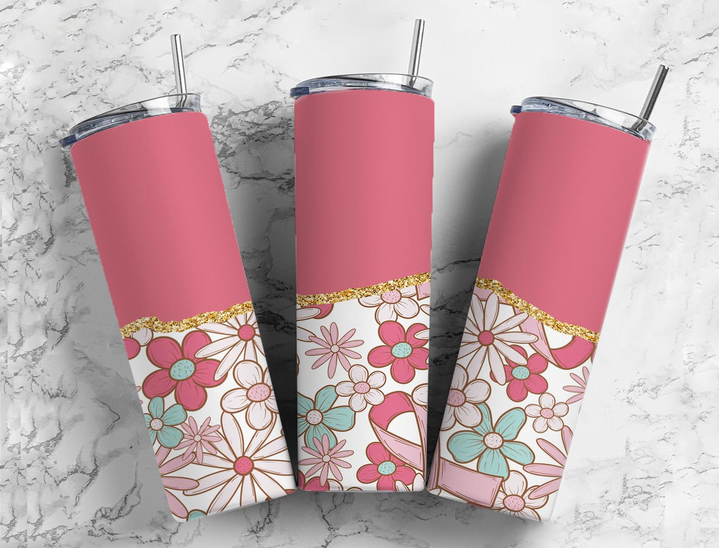 Split Gold Design- Pink Ribbon & Flowers Stainless Steel Tumbler