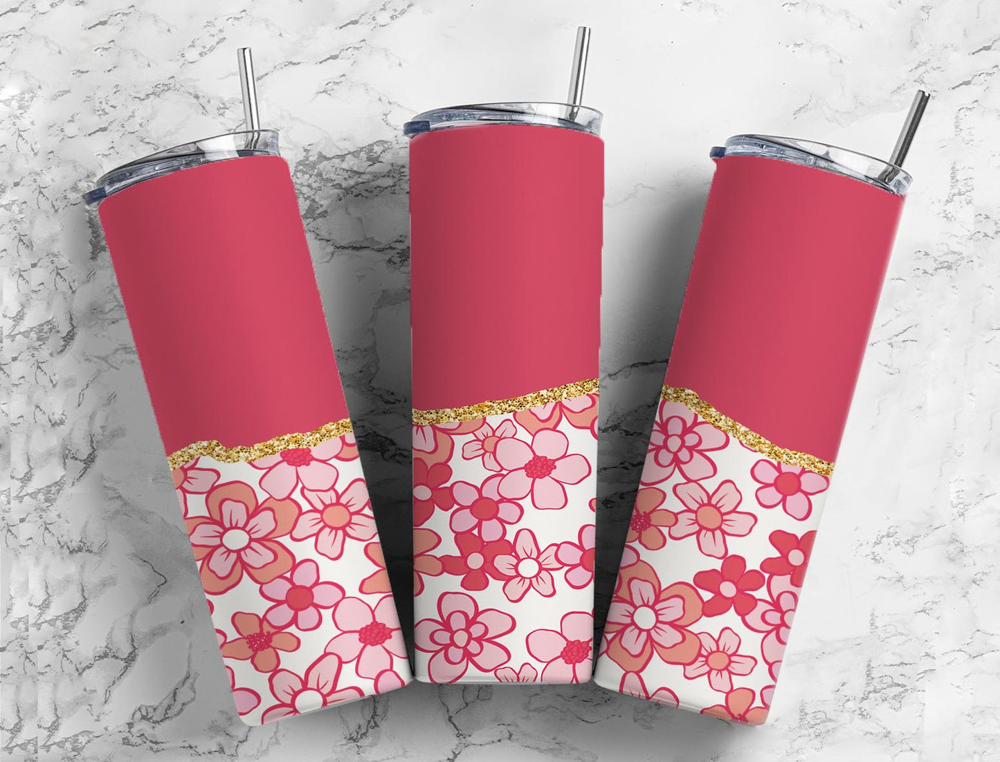 Split Gold Design- Pink & Orange Flowers  Stainless Steel Tumbler