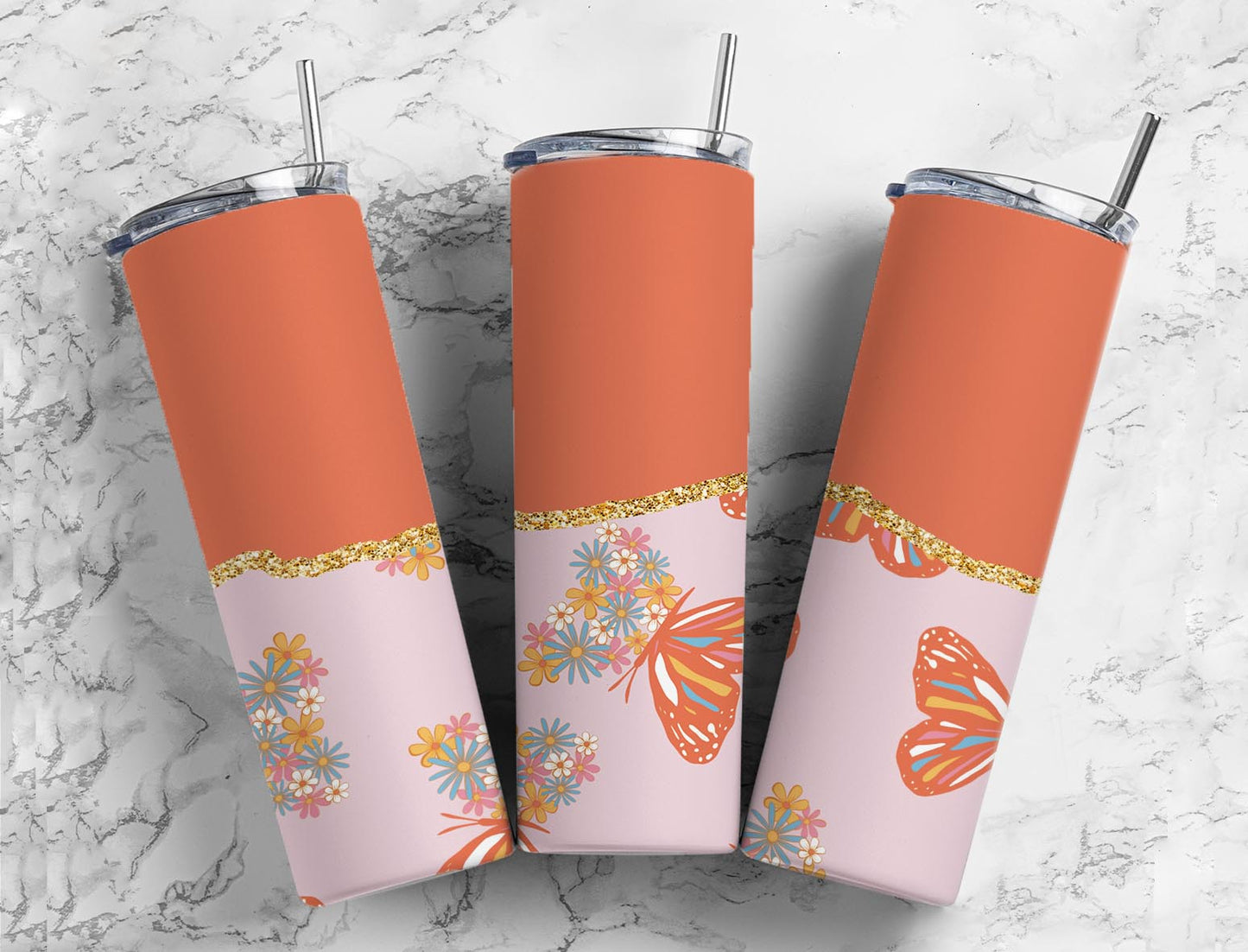 Split Gold Design- Pink/Coral Butterfly-Flower Stainless Steel Tumbler