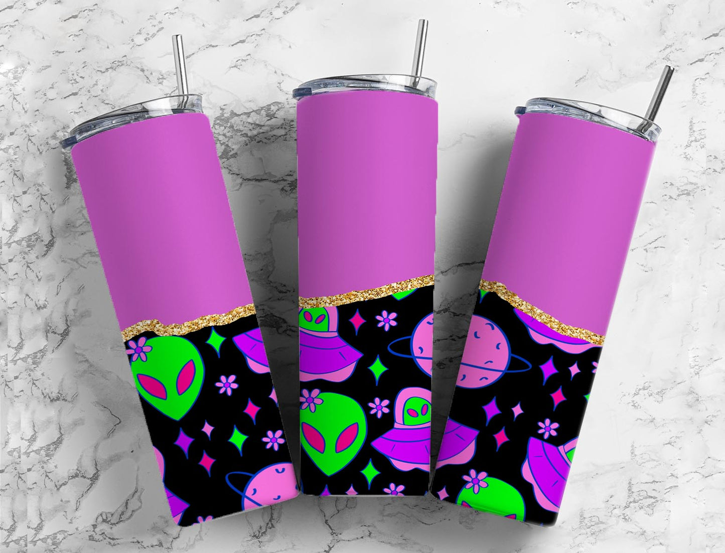 Split Gold Design- Purple Alien Stainless Steel Tumbler