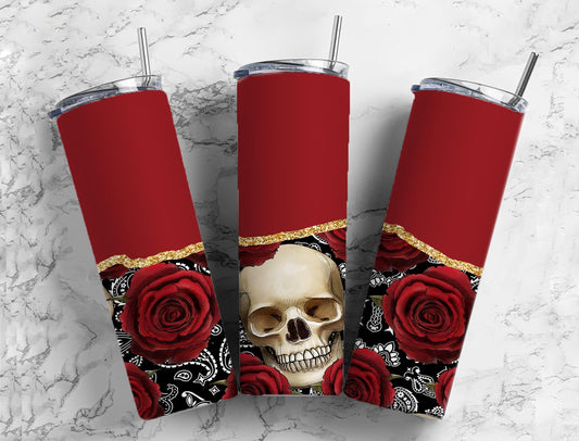 Split Gold Design-Red Rose/Skull Stainless Steel Tumbler