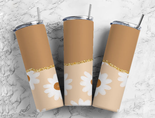 Split Gold Design- Tan/White Flowers Stainless Steel Tumbler