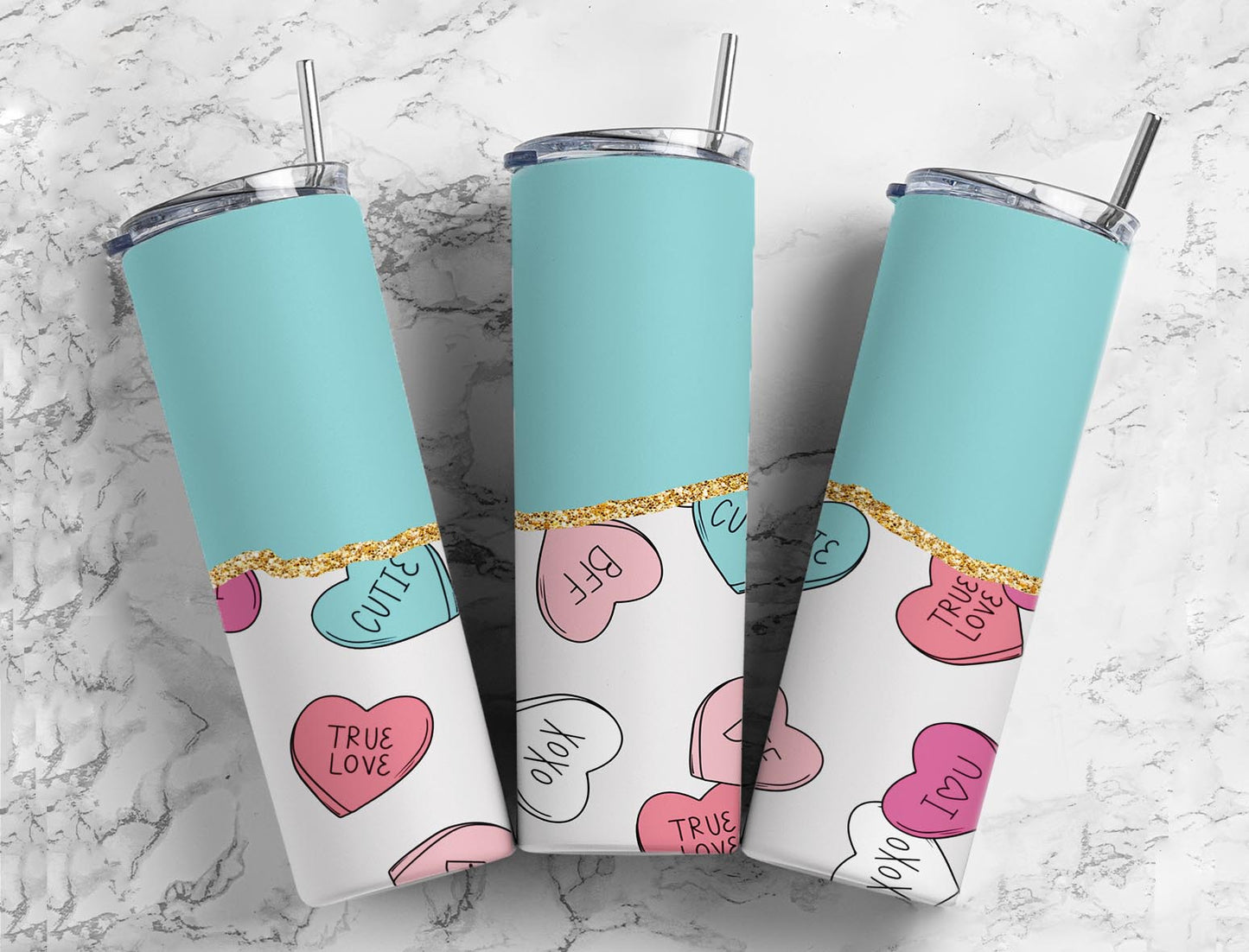 Split Gold Design-Teal Valentine's Candy Hearts Stainless Steel Tumbler