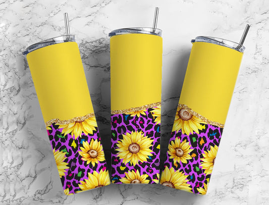 Split Yellow & Purple Cheetah Print Sunflowers Stainless Steel Tumbler