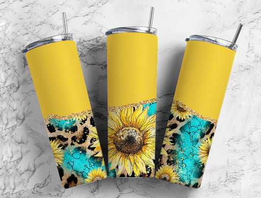 Split Yellow/Cheetah Sunflower Stainless Steel Tumbler