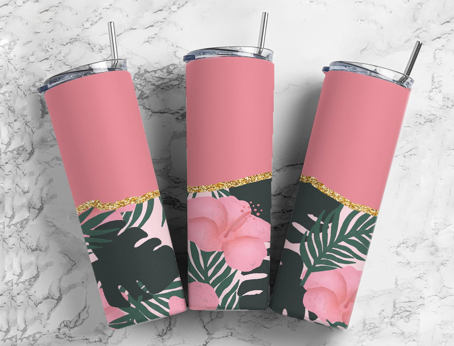 Split Gold Design- Pink & Green Tropical Leaves Stainless Steel Tumbler