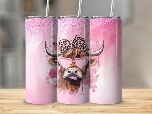 Valentine's Pink Highland Cow W/Glasses Stainless Steel Tumbler