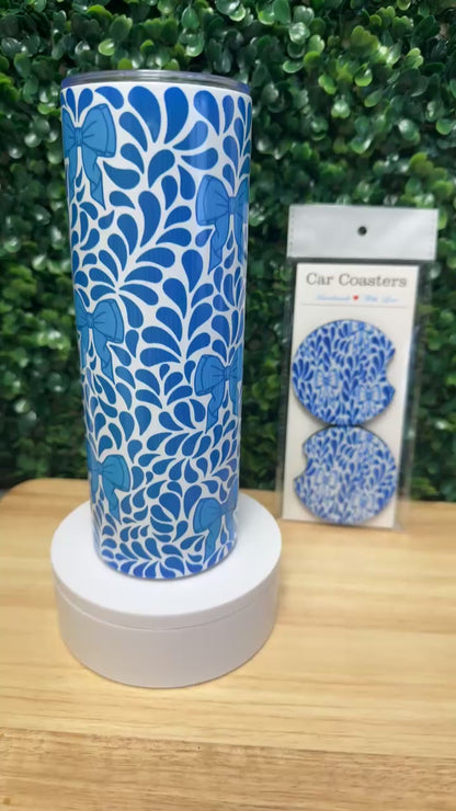 Blue Talavera Bows Stainless Steel Tumbler & Matching Car Cup Coaster Set
