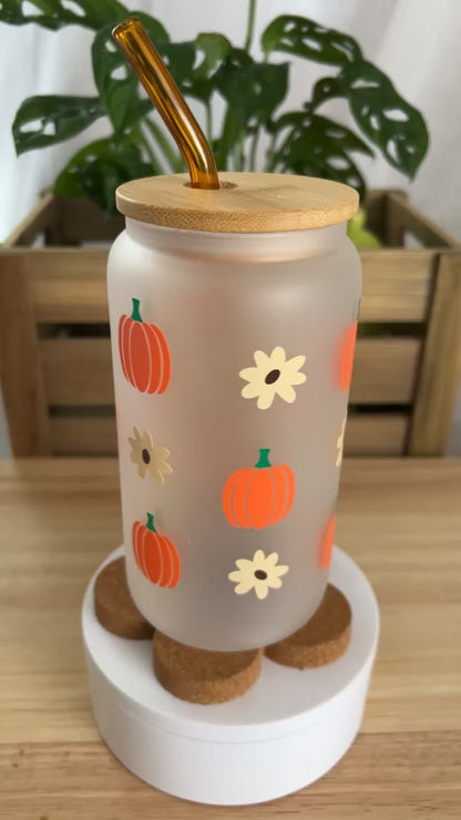 Pumpkin With Flowers Frosted Glass