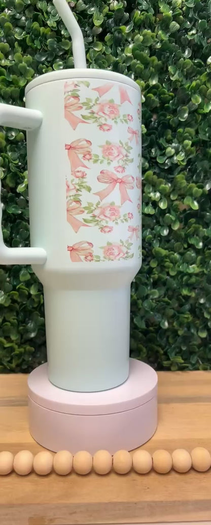 Vintage Bows & Pink Roses 40 Oz  Mint Green Stainless Steel Tumbler