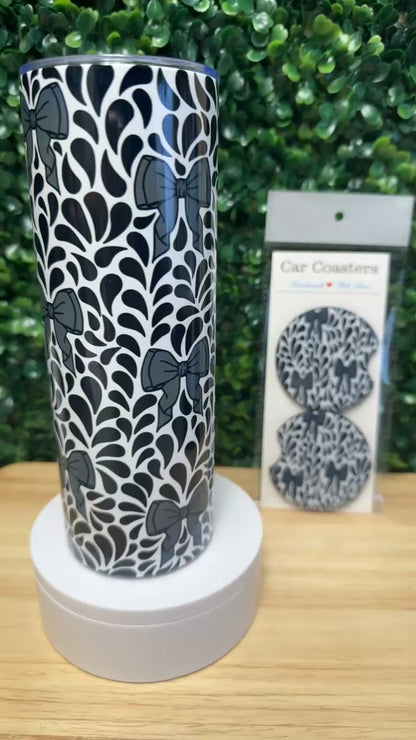 Black Talavera Bows Stainless Steel Tumbler & Matching Car Cup Coaster Set