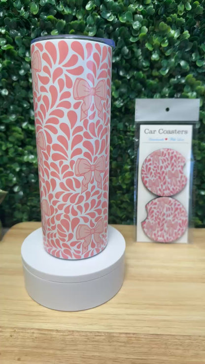 Pink Talavera Bows Stainless Steel Tumbler & Matching Car Cup Coaster Set