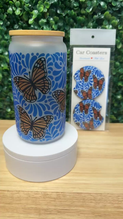 Beautiful Butterflies Frosted Glass & Car Cup Coaster Set