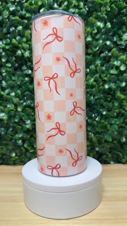 Checkered Pink Bows Stainless Steel Tumbler & Matching Car Cup Coaster Set