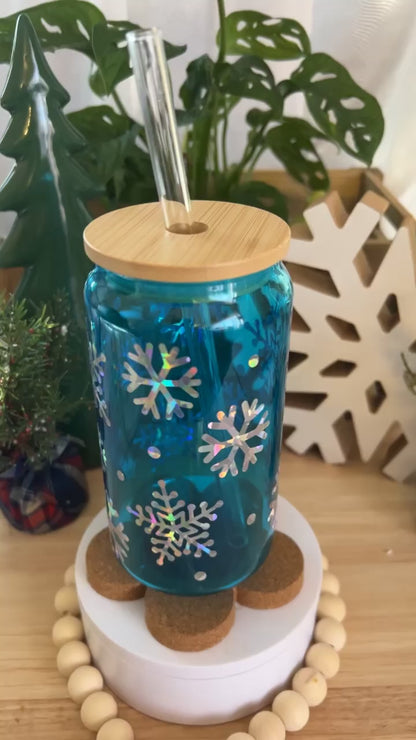 Sparkly Snowflakes Blue Beer Can Glass