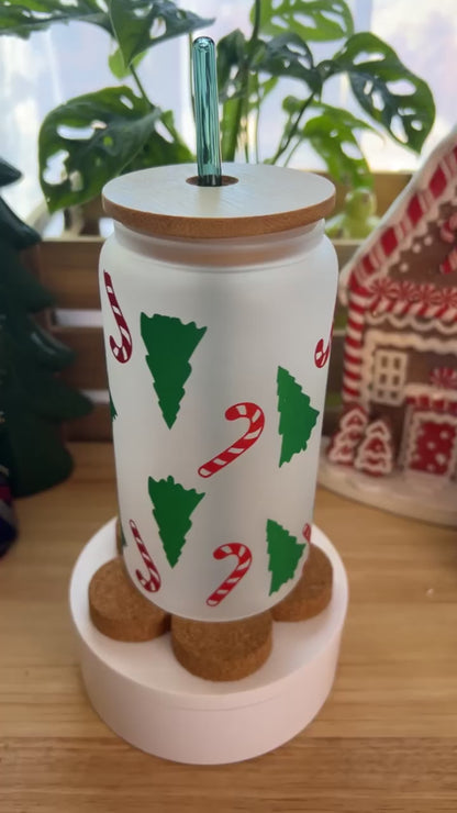 Christmas Tree & Candy Cane Frosted Beer Can Glass