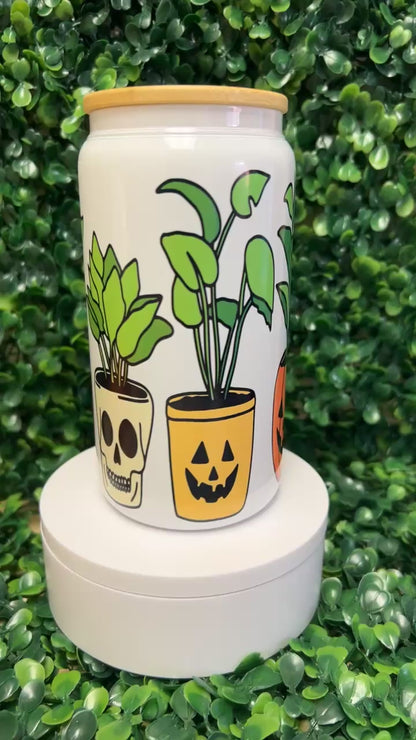 Halloween Faces W/ Plants White Can Glass