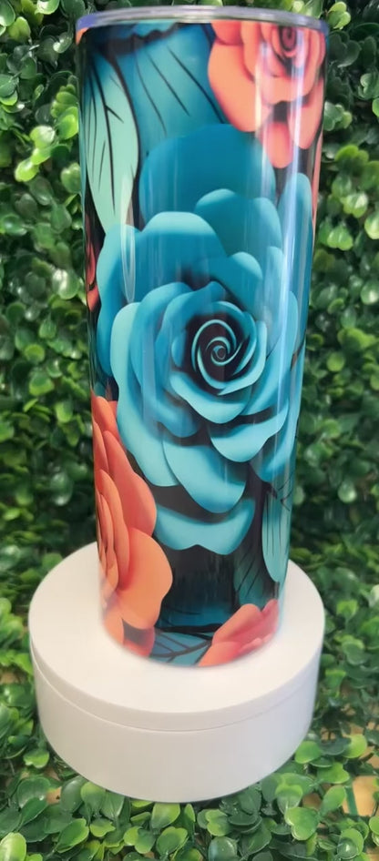 3D Teal & Pink Roses Stainless Steel Tumbler